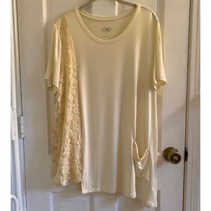 LOGO Lori Goldstein Asymmetrical Hem Lace Panel Short Sleeve Tunic Top